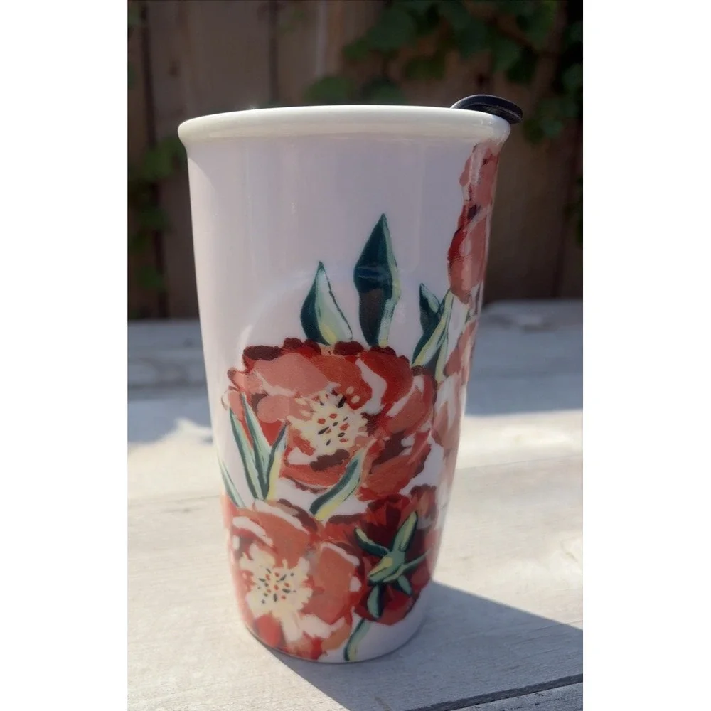 Starbucks 2015 Ceramic Travel Mug Tumbler Floral Poppy 10 oz. Black Plastic Lid